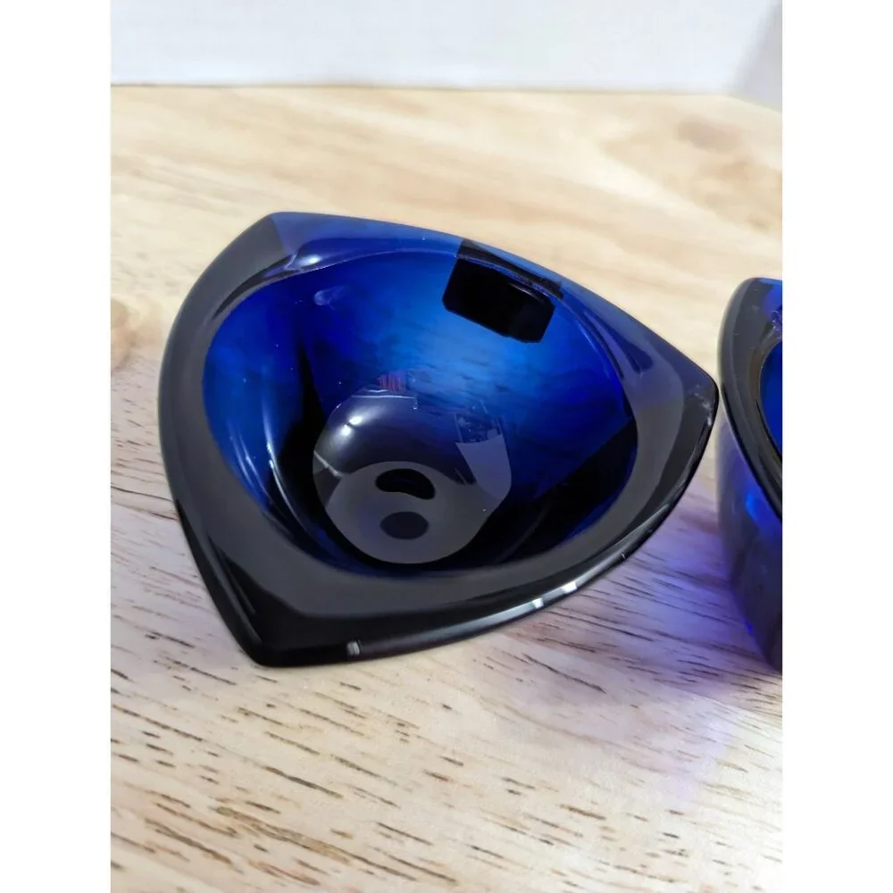 Nuutajarvi‎ Finland glass cobalt blue tea voltive candle holders round triangle